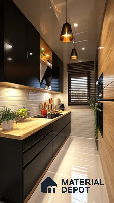 Sleek Black and Wood Galley Kitchen with Glossy Subway Tiles and Warm Accents | Material Depot