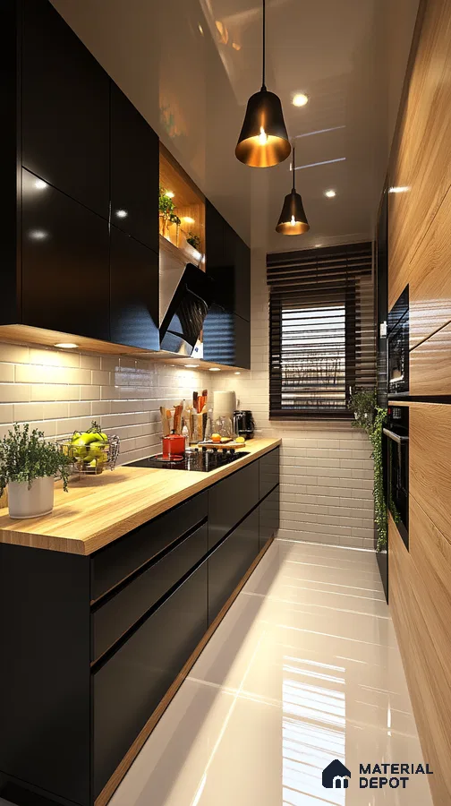 Sleek Black and Wood Galley Kitchen with Glossy Subway Tiles and Warm Accents | Material Depot