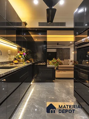 Sleek Black Kitchen with Reflective Laminates and Polished Marble Floors | Material Depot