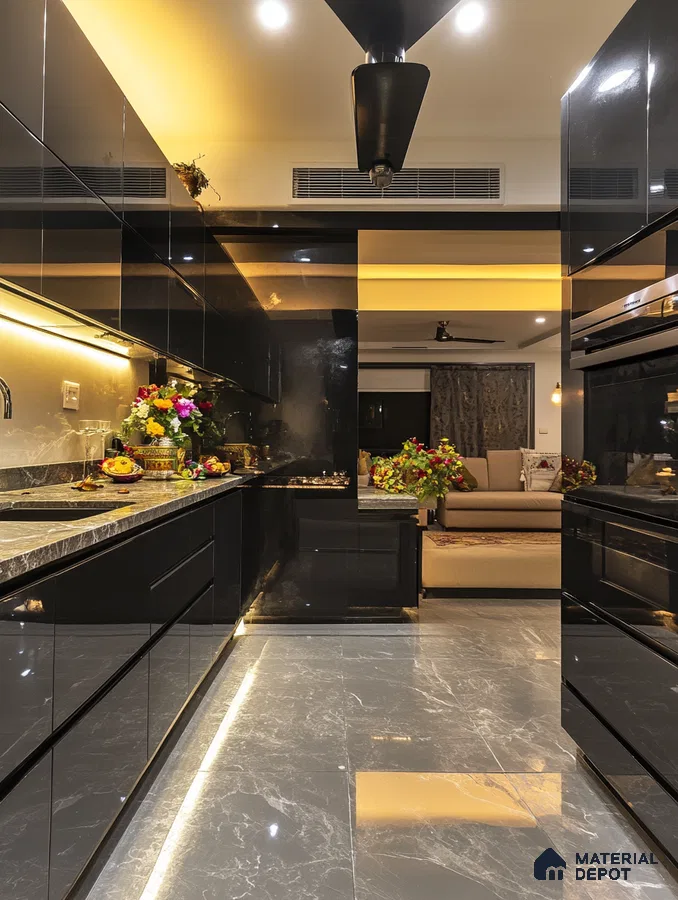 Sleek Black Kitchen with Reflective Laminates and Polished Marble Floors | Material Depot