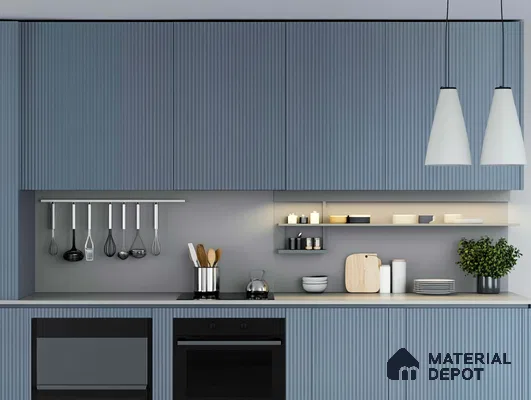 Sleek Blue Striped Kitchen with Modern Lighting | Material Depot