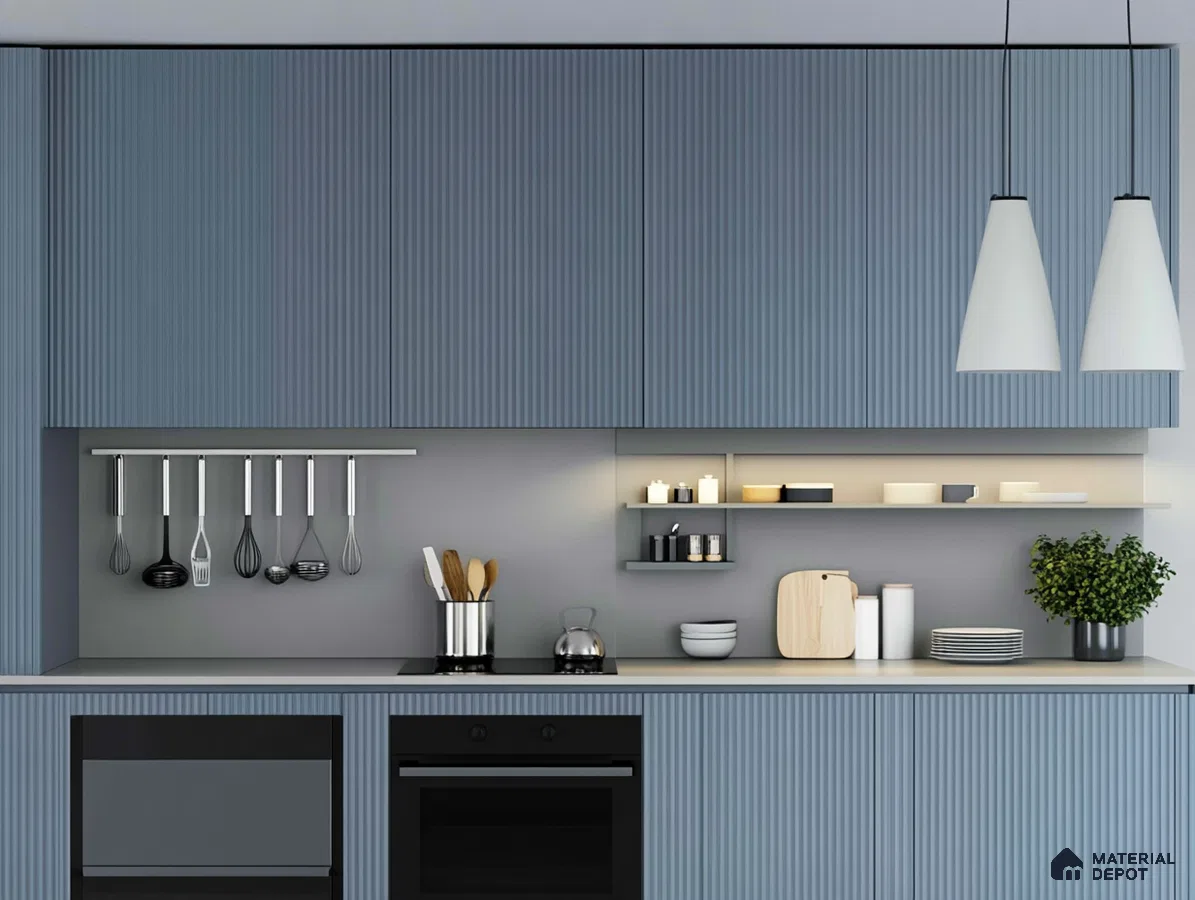 Sleek Blue Striped Kitchen with Modern Lighting | Material Depot
