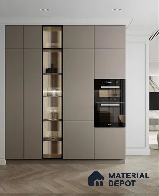 Sleek Built-in Kitchen Cabinet with Glass Display and Integrated Appliances | Material Depot