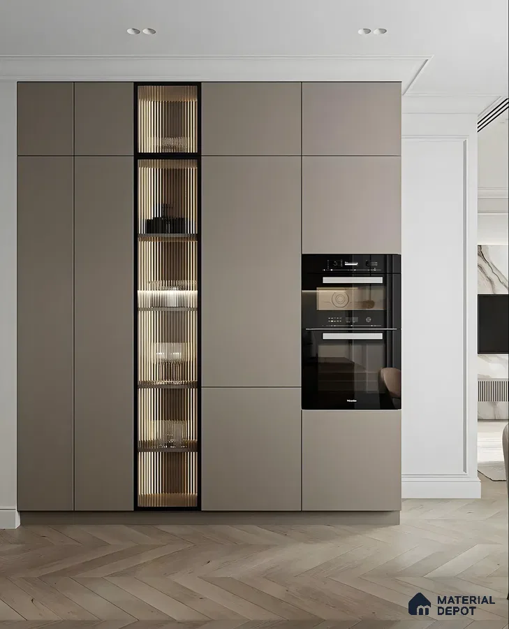 Sleek Built-in Kitchen Cabinet with Glass Display and Integrated Appliances | Material Depot