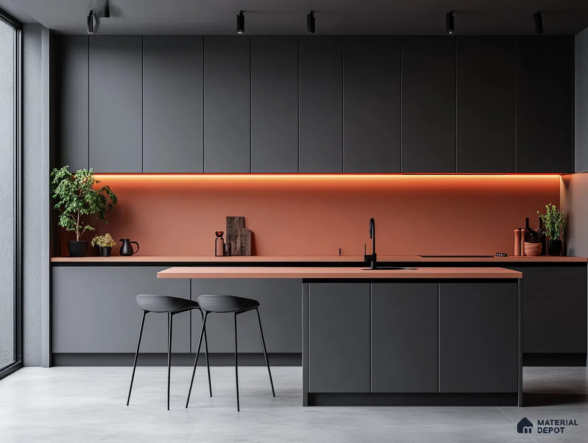 Sleek Charcoal Kitchen with Vibrant Terracotta Accents | Material Depot