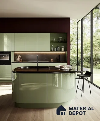 Sleek Circular Kitchen in Burgundy and Verdant Hues | Material Depot