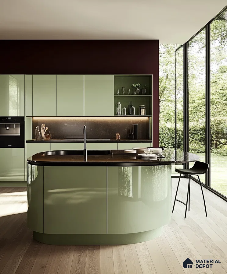 Sleek Circular Kitchen in Burgundy and Verdant Hues | Material Depot