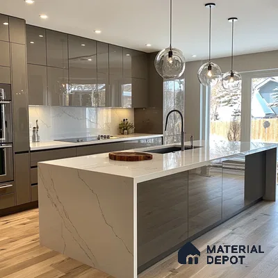 Sleek Contemporary Kitchen Featuring a Marble Island and Stylish Pendant Lights | Material Depot