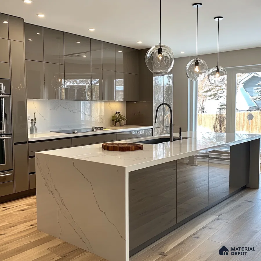 Sleek Contemporary Kitchen Featuring a Marble Island and Stylish Pendant Lights | Material Depot
