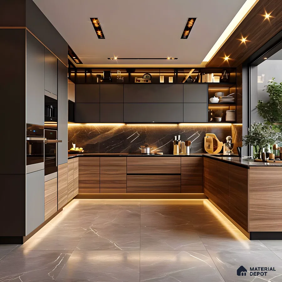 Sleek Contemporary Kitchen With Dramatic Lighting And Grey And Wood Accents | Material Depot