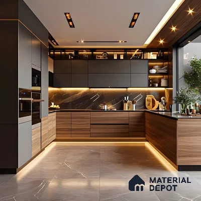 Sleek Contemporary Kitchen With Dramatic Lighting And Grey And Wood Accents | Material Depot