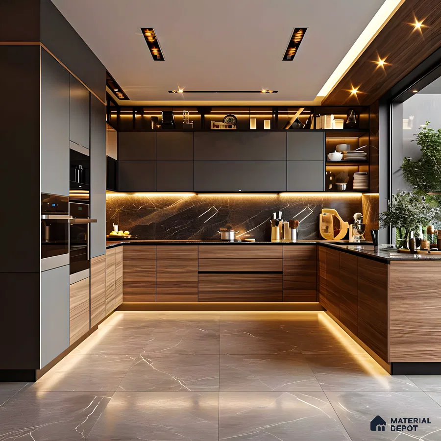 Sleek Contemporary Kitchen with Dramatic Lighting and Grey and Wood Accents | Material Depot