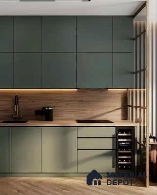 Sleek Contemporary Kitchen with Olive Green Cabinets and Wooden Accents | Material Depot
