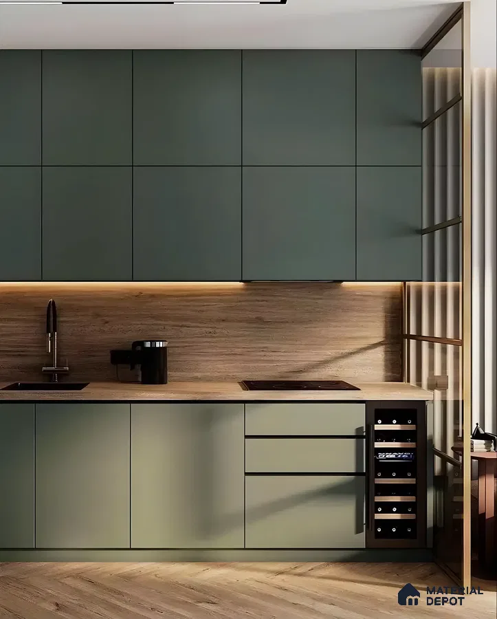 Sleek Contemporary Kitchen with Olive Green Cabinets and Wooden Accents | Material Depot