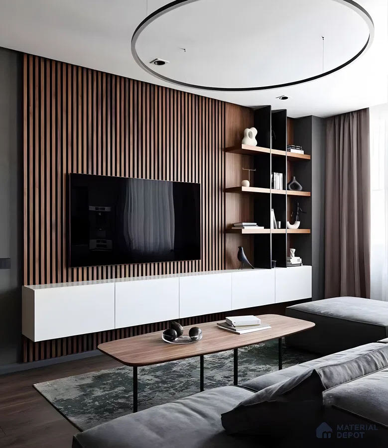 Sleek Contemporary TV Unit with Wood-Paneled Accent Wall | Material Depot