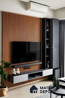 Sleek Contemporary TV Unit with Wood-Paneled Accent Wall | Material Depot