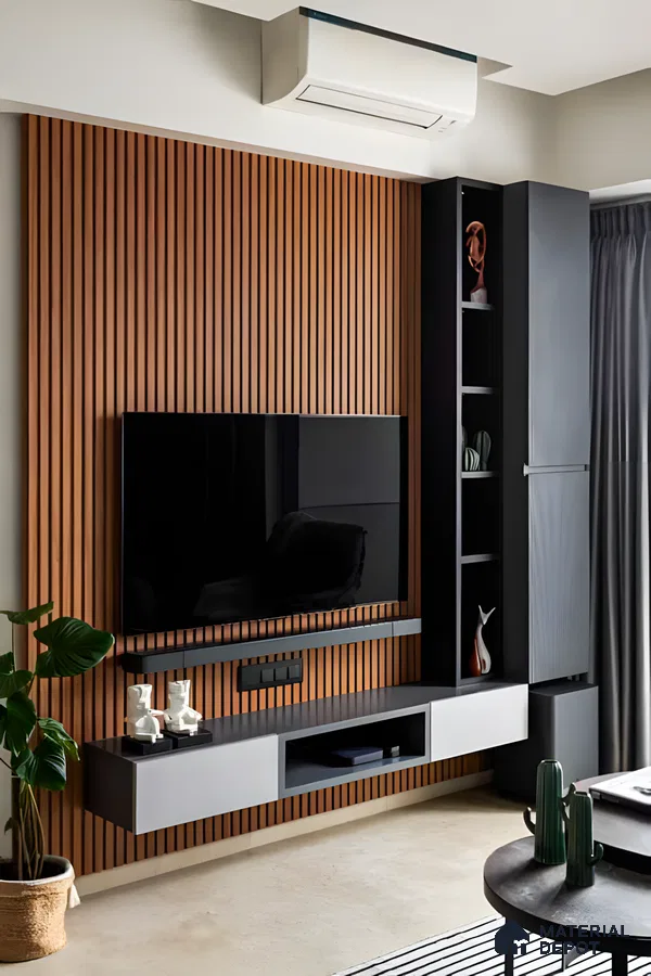 Sleek Contemporary TV Unit with Wood-Paneled Accent Wall | Material Depot