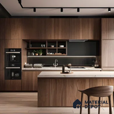 Sleek Contemporary Walnut Kitchen with Dark Accents | Material Depot