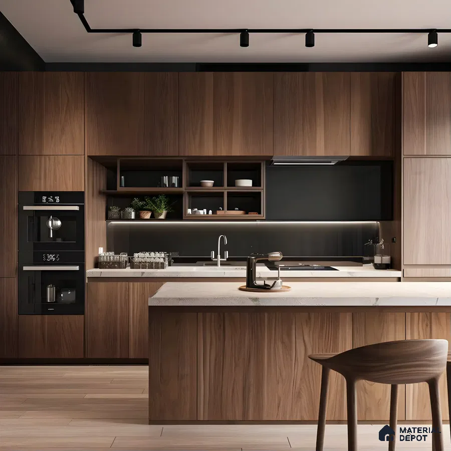 Sleek Contemporary Walnut Kitchen with Dark Accents | Material Depot