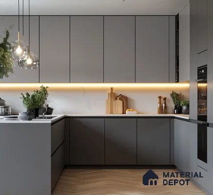 Sleek Dark Grey Matte Kitchen with Warm Underlit Cabinets | Material Depot
