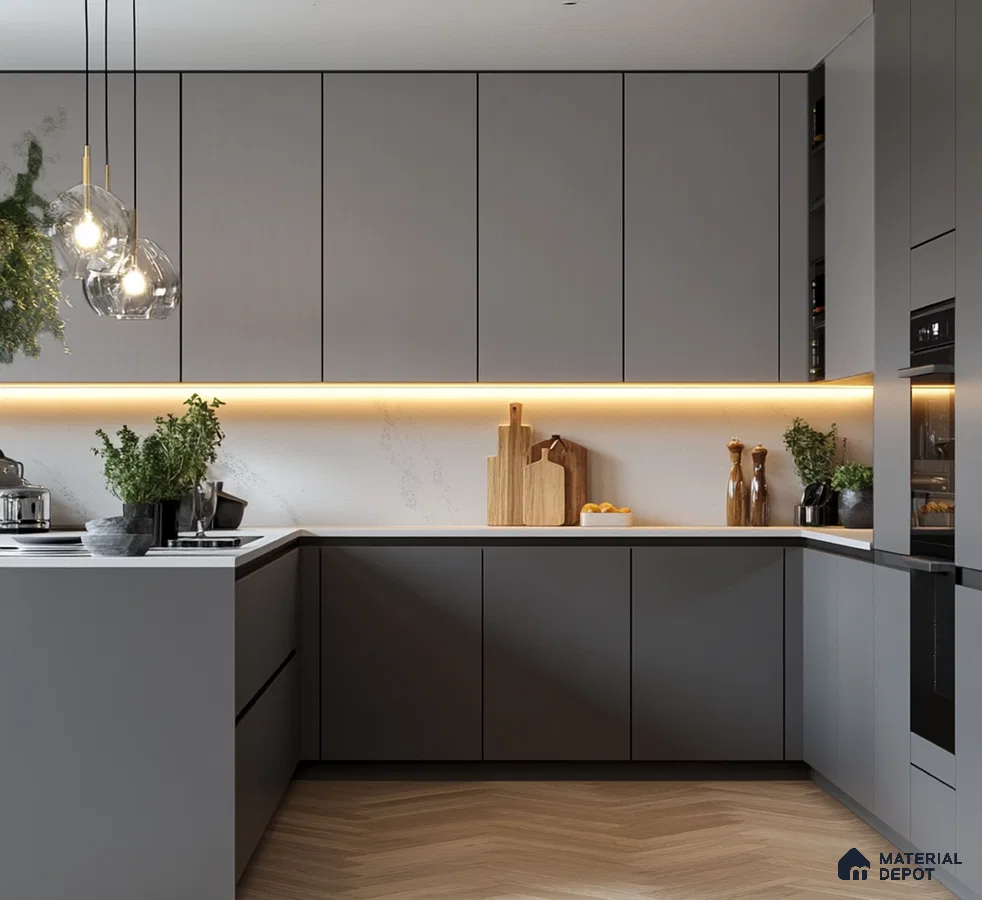 Sleek Dark Grey Matte Kitchen with Warm Underlit Cabinets | Material Depot