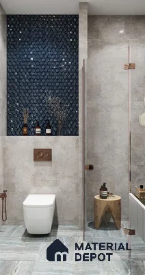 Sleek Elegance in a Bathroom with Midnight Blue Mosaic and Neutral Tones | Material Depot