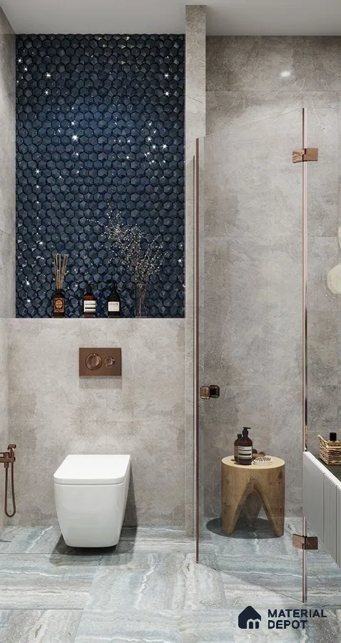 Sleek Elegance in a Bathroom with Midnight Blue Mosaic and Neutral Tones | Material Depot