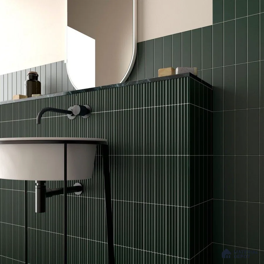 Sleek Elegance in Green: Striped Green Tiles Enhancing a Modern Bathroom Design | Material Depot