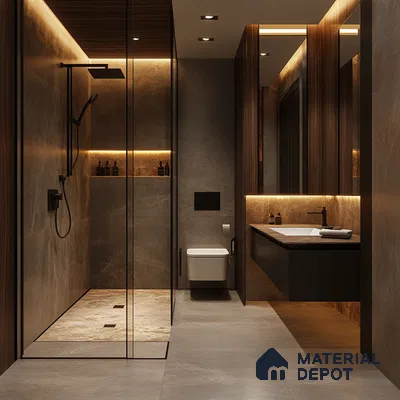 Sleek Elegance: Modern Bathroom with Dark Tones and Warm Recessed Lighting | Material Depot