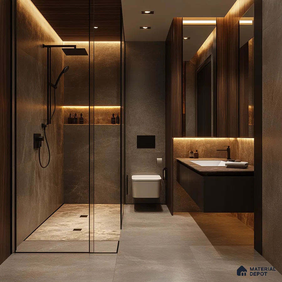 Sleek Elegance: Modern Bathroom with Dark Tones and Warm Recessed Lighting | Material Depot