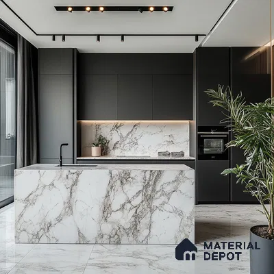 Sleek Elegance: Modern Monochrome Kitchen with Stunning Marble Island and Minimalist Design | Material Depot