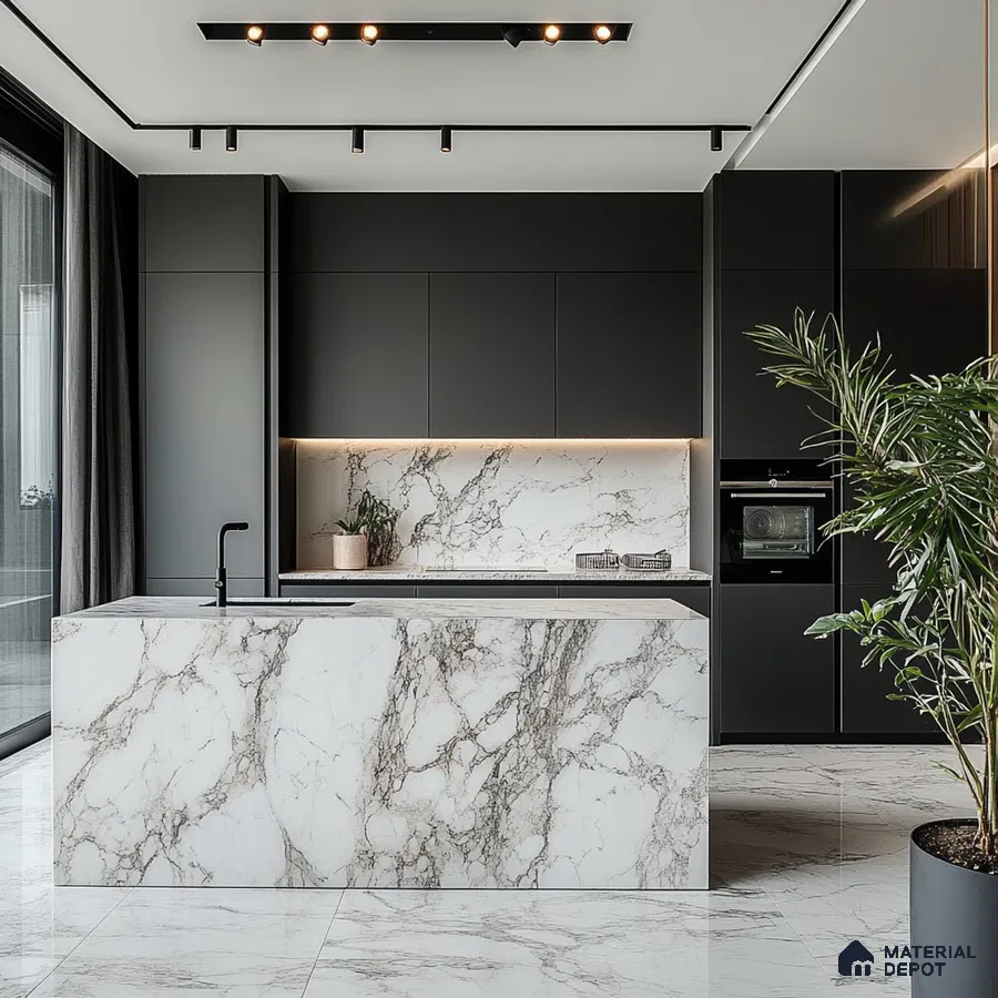 Sleek Elegance: Modern Monochrome Kitchen with Stunning Marble Island and Minimalist Design | Material Depot