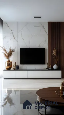 Sleek Elegance: White Marble And Walnut Panel Tv Wall With Golden Accents | Material Depot
