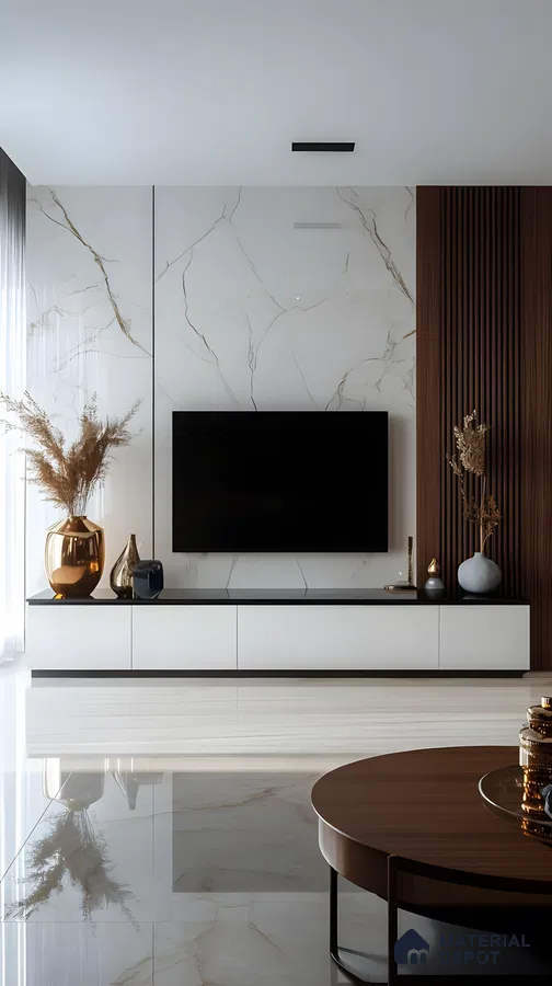 Sleek Elegance: White Marble And Walnut Panel Tv Wall With Golden Accents | Material Depot