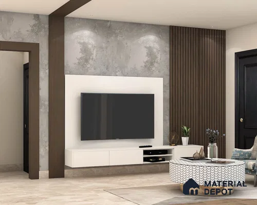 White wall-mounted TV stand blending seamlessly into a room with no visible hardware.