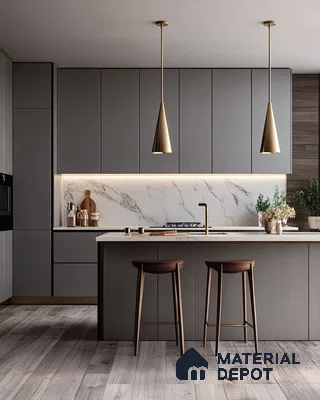 Sleek Gray Kitchen with Marble Backsplash and Gold Accents | Material Depot