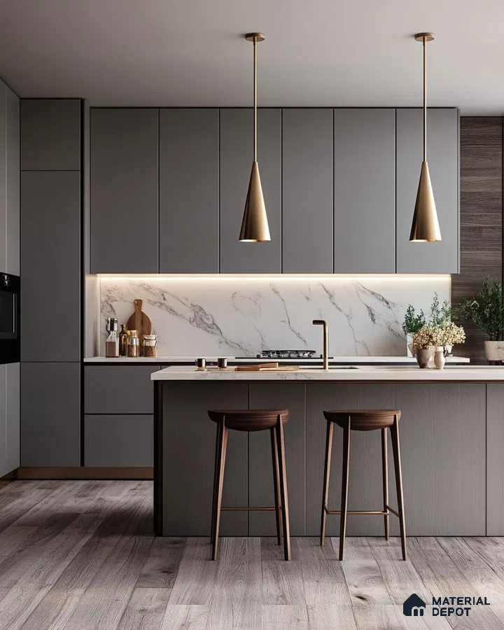 Sleek Gray Kitchen with Marble Backsplash and Gold Accents | Material Depot