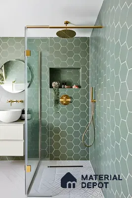 Sleek Green Hexagon-Tiled Shower with Gold Accents | Material Depot