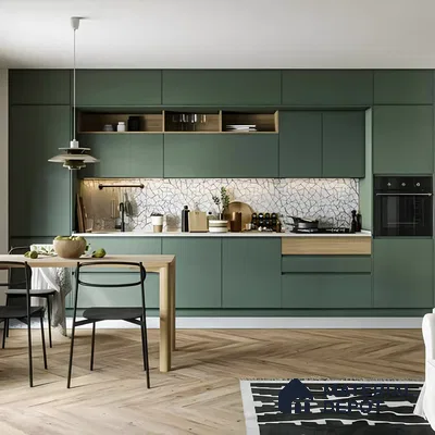 Sleek Green Kitchen with Geometric Backsplash | Material Depot