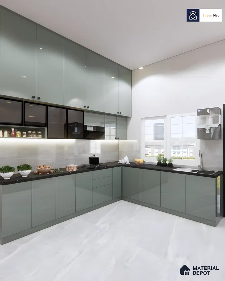 Sleek Green Laminate Kitchen Design For Homes | Material Depot