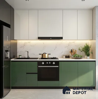 Sleek Green Sparkle Glossy Solid Laminate Kitchen with Marble Backsplash | Material Depot