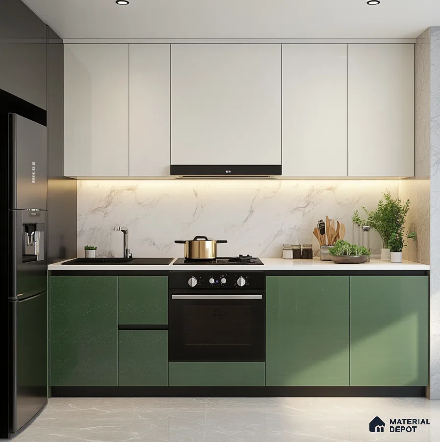 Sleek Green Sparkle Glossy Solid Laminate Kitchen with Marble Backsplash | Material Depot