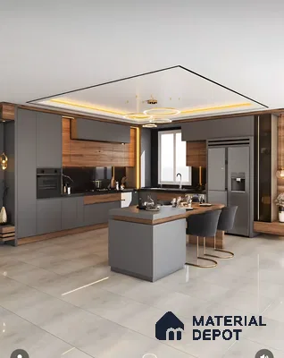 Sleek Grey & Wood Modular Kitchen With Island And Ambient Lighting | Material Depot