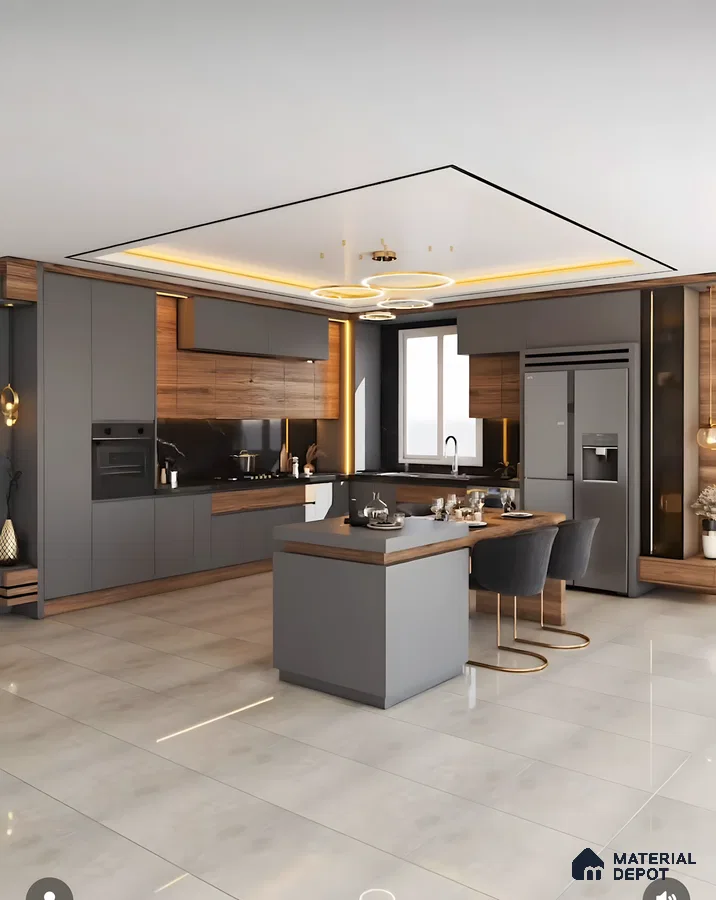 Sleek Grey & Wood Modular Kitchen With Island And Ambient Lighting | Material Depot