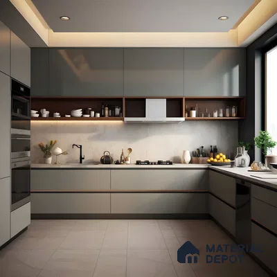 Sleek Grey And Wood Modular Kitchen With Marble Backsplash And Warm Lighting | Material Depot