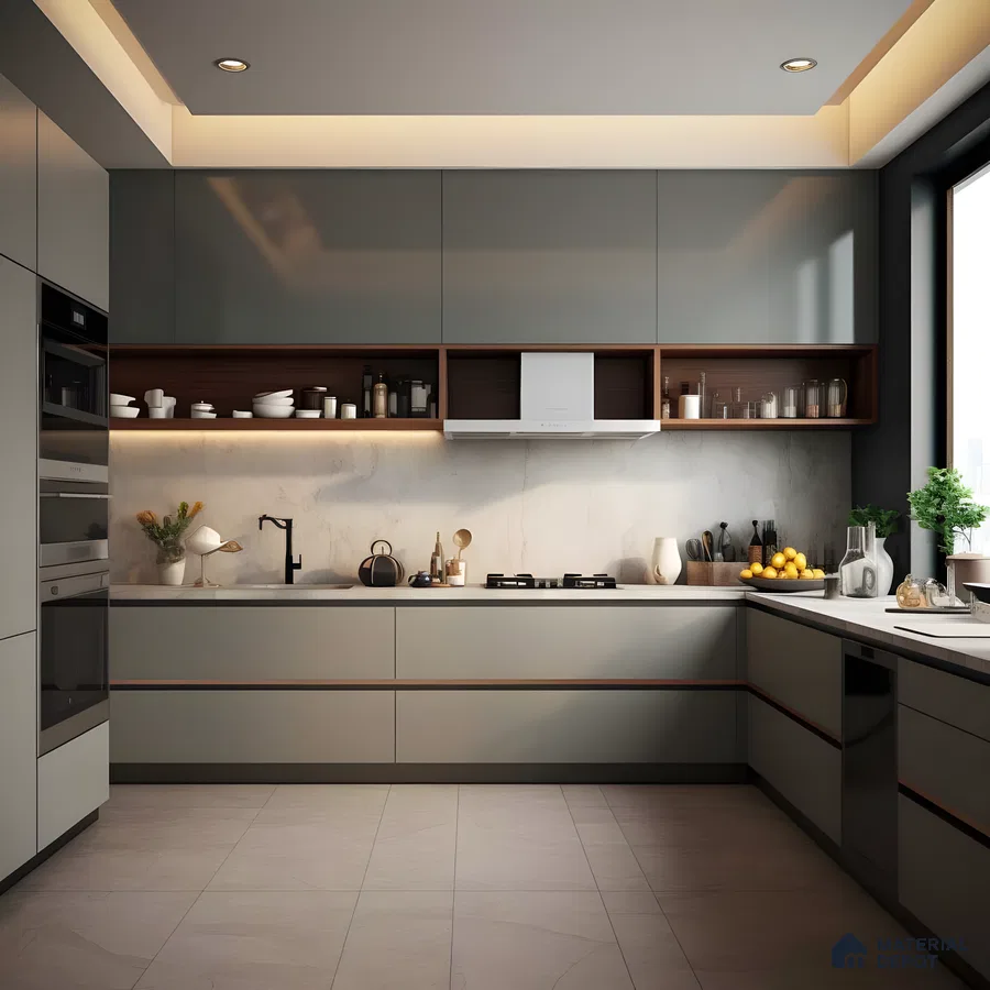 Sleek Grey And Wood Modular Kitchen With Marble Backsplash And Warm Lighting | Material Depot