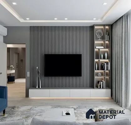 Sleek Grey Fluted Tv Wall With Display Shelf And Ambient Lighting | Material Depot