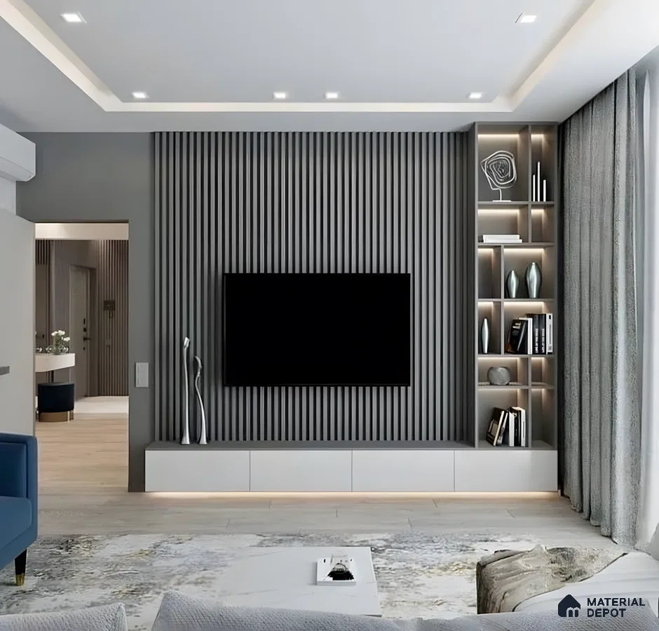 Sleek Grey Fluted Tv Wall With Display Shelf And Ambient Lighting | Material Depot
