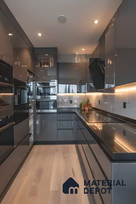 Sleek Grey High-Gloss Parallel Kitchen With Backlit Marble Backsplash | Material Depot