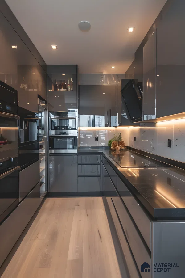 Sleek Grey High-Gloss Parallel Kitchen With Backlit Marble Backsplash | Material Depot